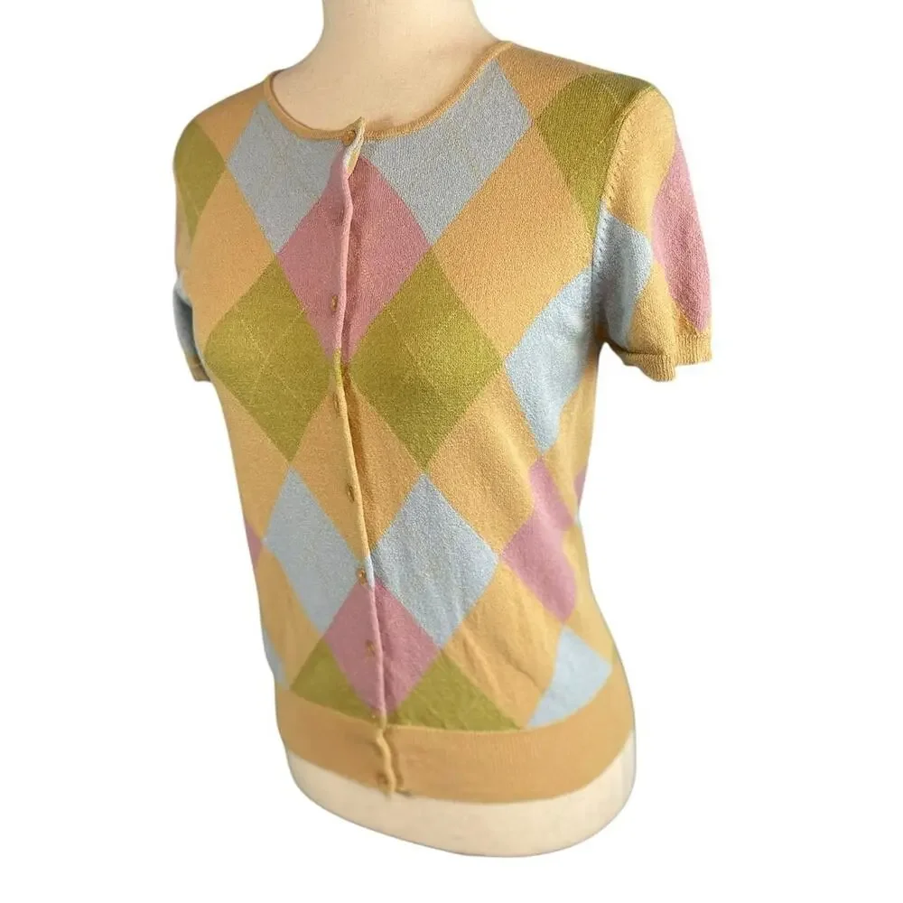 White + Warren Argyle Knit Cardigan Grandmillennial Coquette Preppy Medium